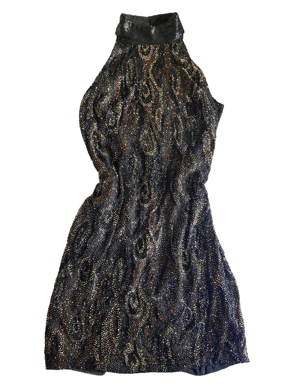 Stunning Vintage Blacktie by Oleg Cassini Black Gold Beaded Silk Halter Dress 12